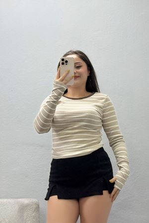 Kadın Parmak Geçmeli Çizgili Kaşkorse Body Bejbeyaz