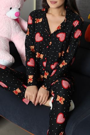 Kadın Süet Düğmeli Pijama Takımı Siyah