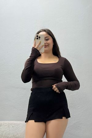 Kadın Kare Yaka Parmak Geçmeli Dalgıç Bodysuit Açık Kahve