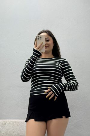 Kadın Parmak Geçmeli Çizgili Kaşkorse Body Siyah Beyaz