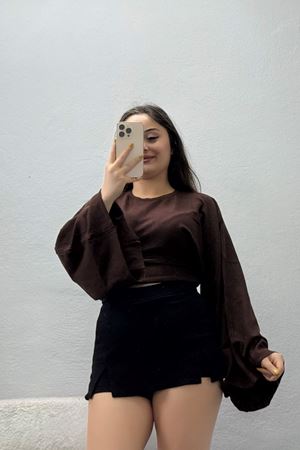 Kadın Yumoş Triko Yarasa Kol Büzgülü Bluz Kahverengi