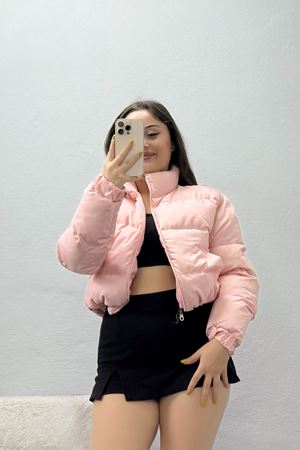 Kadın Beli Lastikli Şişme Mont Pudra