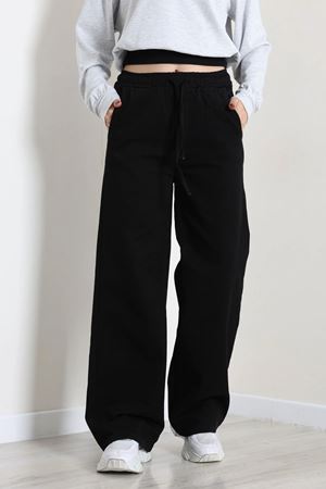 Kadın Beli Lastikli Bol Paça Kot Pantolon Siyah