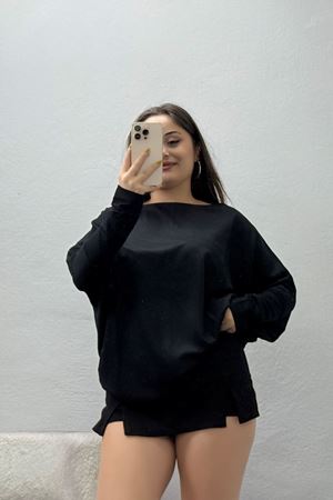 Kadın Modal Kayık Yaka Yarasa Kol Bluz Siyah