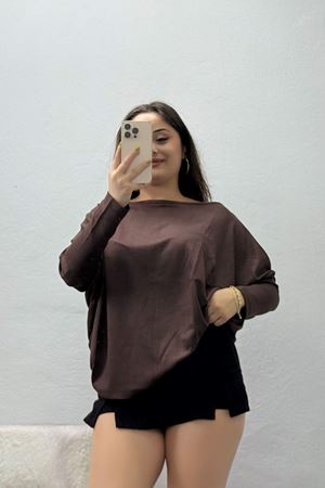 Kadın Modal Kayık Yaka Yarasa Kol Bluz Açık Kahve