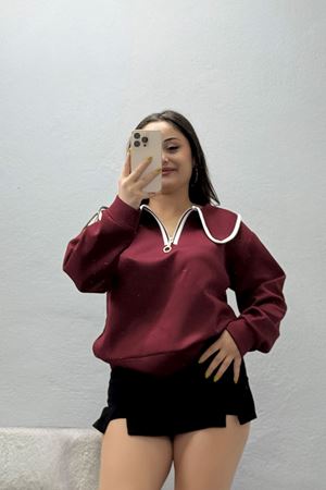 Kadın Scuba Bebe Yaka Fermuar Detaylı Sweat Bordo