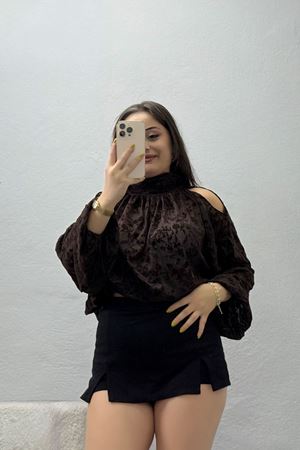 Kadın Çiçek Desenli Degaje Yaka Açık Omuz Balon Kol Bluz Açık Kahve