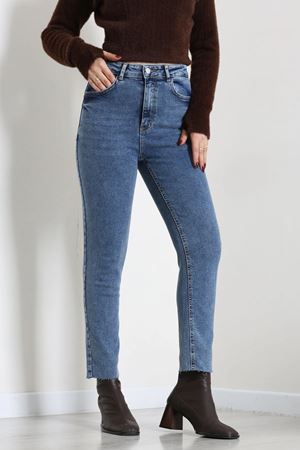 Kadın Paçası Kesik Mom Kot Pantolon Mavi