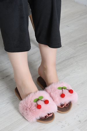 Kadın Peluş Kirazlı Ev Terliği Pembe