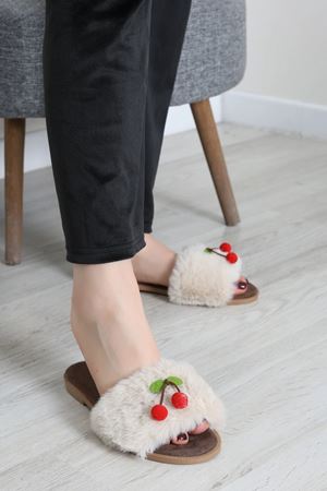Kadın Peluş Kirazlı Ev Terliği Taş