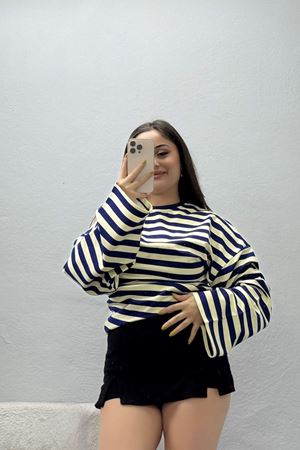 Kadın 2 İplik Çizgili Yandan Büzgülü Sweatshirt Lacivertekru