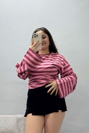 Kadın 2 İplik Çizgili Yandan Büzgülü Sweatshirt Pembebordo