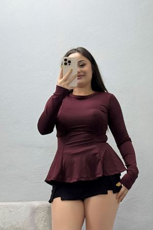 Kadın Likralı Dalgıç Peplum Bluz Bordo