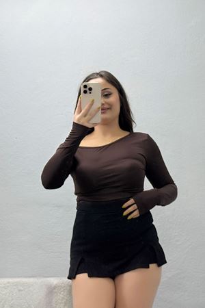 Kadın Asimetrik Kesim Dalgıç Uzun Kollu Body Kahve
