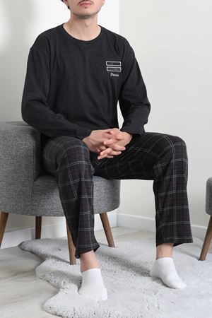 Süprem Ekose Bisiklet Yak Uzun Kol Baskılı Erkek Pijama Takımı Siyah
