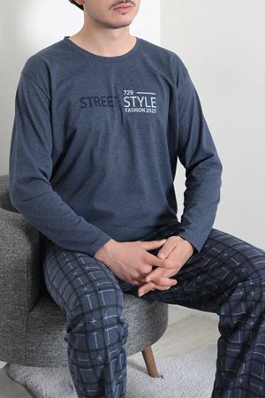 Süprem Ekose Bisiklet Yak Uzun Kol Baskılı Erkek Pijama Takımı Lacivert