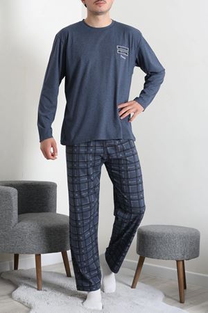 Süprem Ekose Bisiklet Yak Uzun Kol Baskılı Erkek Pijama Takımı Koyumavi