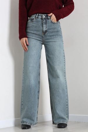 Kadın Yüksek Bel Wide Leg Kot Pantolon Yeşiltint