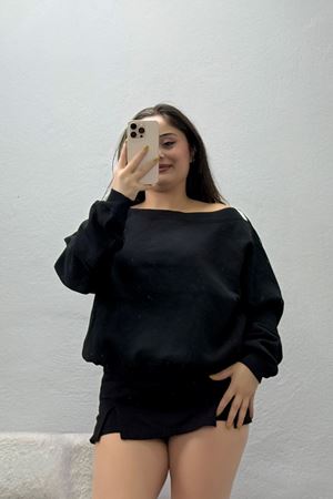 Kadın 3 İplik Şardonlu Omuz Düşüm Kayık Yaka Sweatshırt Siyah
