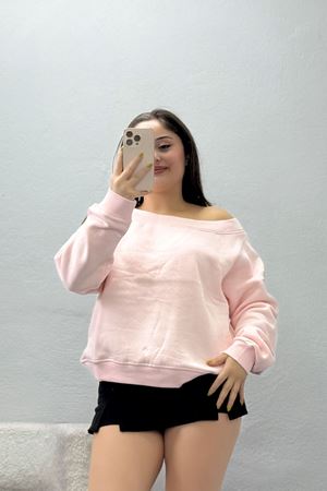Kadın 3 İplik Şardonlu Omuz Düşüm Kayık Yaka Sweatshırt Pudra