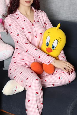 Kadın Süet Düğmeli Pijama Takım Pembekiraz