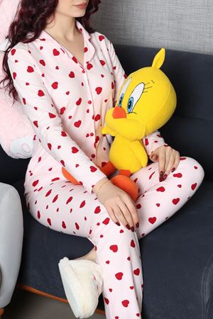 Kadın Süet Düğmeli Pijama Takım Pembekalpli