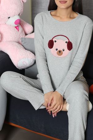 Kadın Fitilli Baskılı Pijama Takım Gri