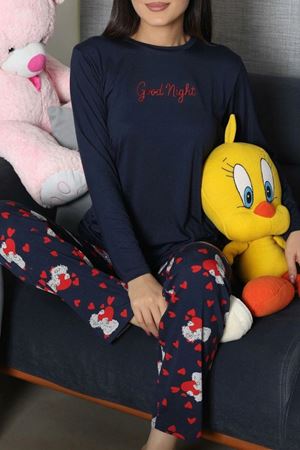 Kadın Milan Baskılı Pijama Takımı Lacivertkırmızı
