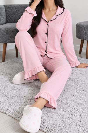 Kadın Bürümcük Düğmeli Pijama Takımı Pudra