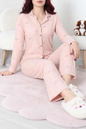 Kadın Süet Düğmeli Pijama Takım Somon