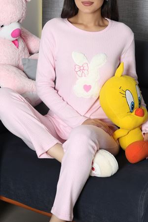 Kadın Fitilli Baskılı Pijama Takım Açıkpembe
