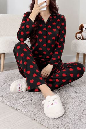 Kadın Süet Düğmeli Pijama Takım Siyahkalpli