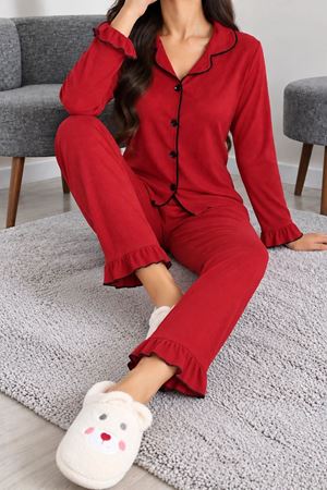 Kadın Bürümcük Düğmeli Pijama Takımı Bordo