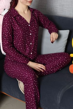 Kadın Süet Düğmeli Pijama Takımı Mürdüm