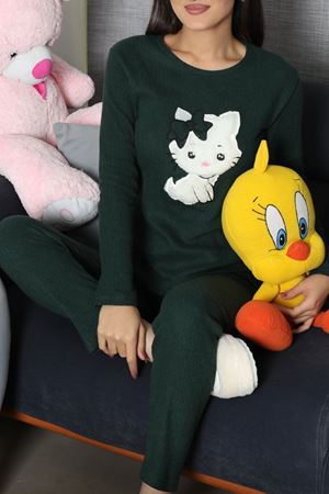 Kadın Fitilli Baskılı Pijama Takım Zümrüt