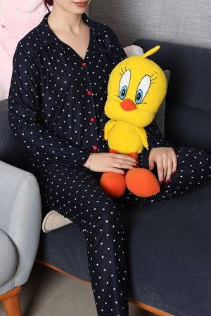 Kadın Süet Düğmeli Pijama Takımı Lacivertyıldız