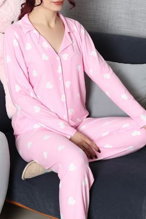 Kadın Süet Düğmeli Pijama Takımı Pembekalpli