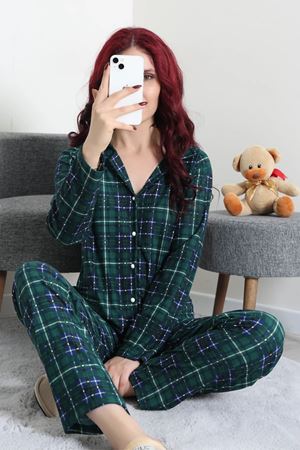 Kadın Süet Düğmeli Pijama Takımı Zümrüt