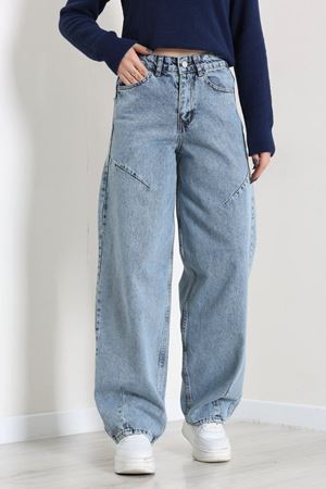 Kadın Dikiş Detaylı Baggy Kot Pantolon Açıkmavi