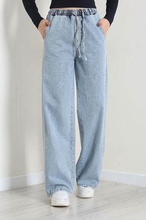 Kadın Beli Lastikli Bol Paça Kot Pantolon Buz Mavi
