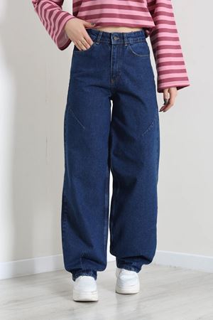 Kadın Dikiş Detaylı Baggy Kot Pantolon Koyumavi