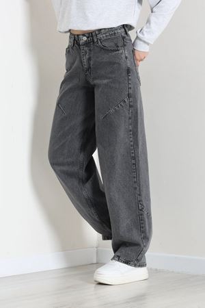 Kadın Dikiş Detaylı Baggy Kot Pantolon Füme