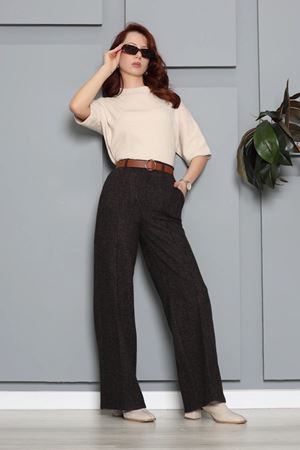 Kadın Kemerli Geniş Paça Jakar Pantolon Kahve