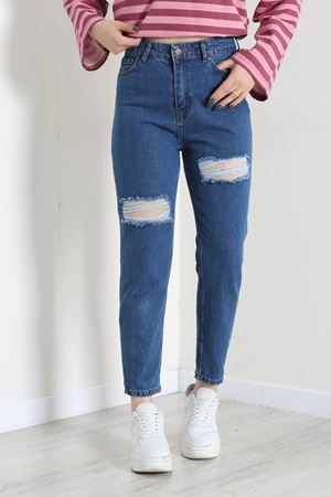 Kadın Lazer Kesim Mom Kot Pantolon Mavi Model TV-101246