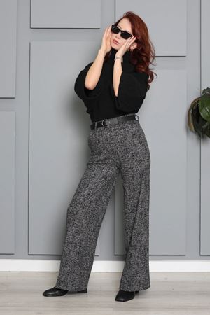 Kadın Kemerli Geniş Paça Jakar Pantolon Gri