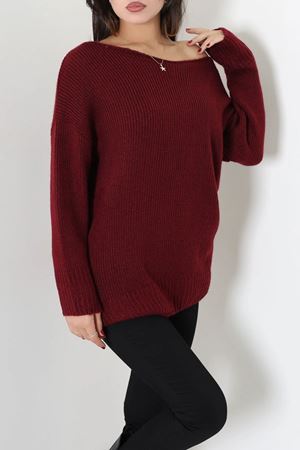 Kadın Düşük Kol Oversize Triko Kazak Bordo