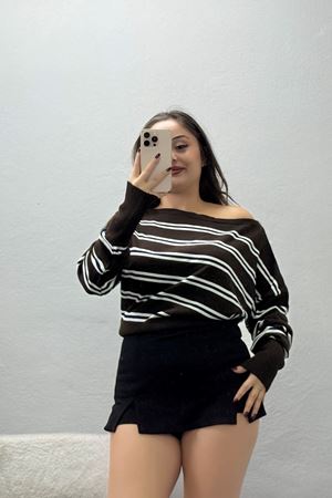 Kadın Triko Kayık Yaka Çizgili Bluz Açık Kahve