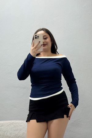 Kadın Modal Şeritli Kayık Yaka Bluz Lacivert