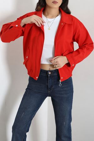 Kadın Likralı Dokuma Kumaş Bomber Ceket Kırmızı