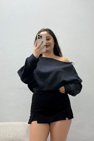 Kadın Modal Kayık Yaka Oversize Sweat Siyah